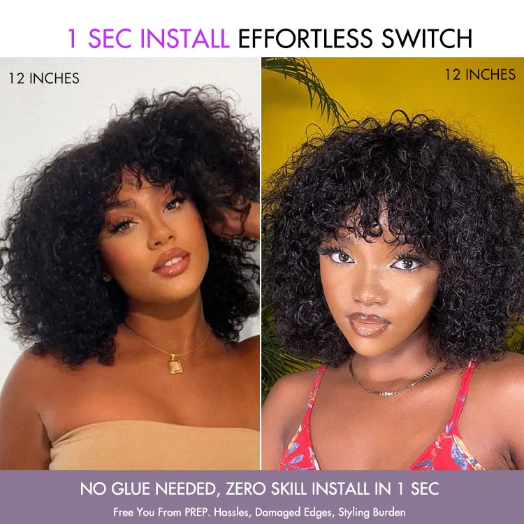 Beginner Friendly Water Wave Minimalist Lace Glueless Short Curly Wig with Bangs