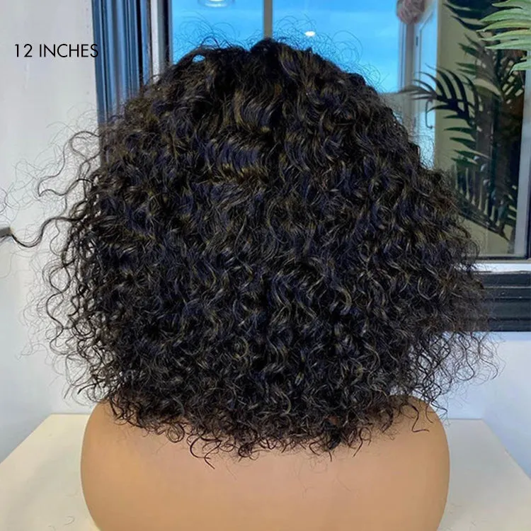 Beginner Friendly Water Wave Minimalist Lace Glueless Short Curly Wig with Bangs