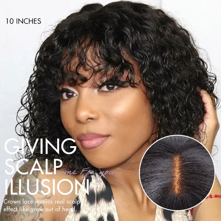 Beginner Friendly Water Wave Minimalist Lace Glueless Short Curly Wig with Bangs