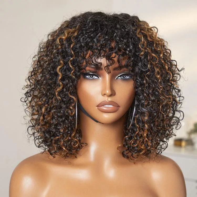 Beginner Friendly Water Wave Minimalist Lace Glueless Short Curly Wig with Bangs