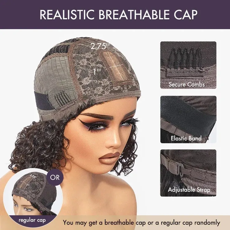 Beginner Friendly Water Wave Minimalist Lace Glueless Short Curly Wig with Bangs