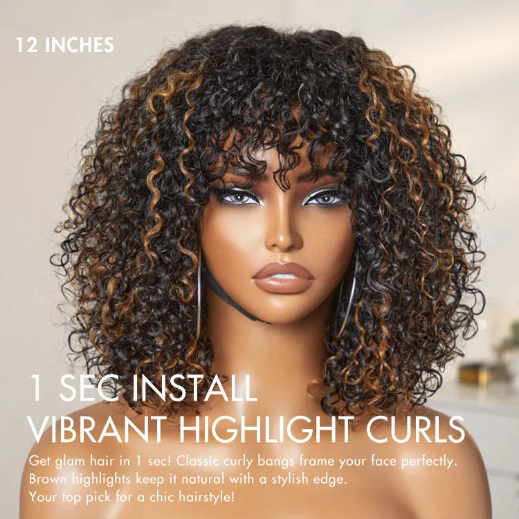Beginner Friendly Water Wave Minimalist Lace Glueless Short Curly Wig with Bangs