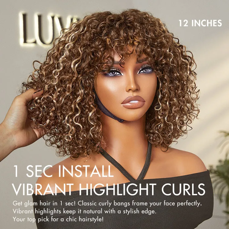 Beginner Friendly Water Wave Minimalist Lace Glueless Short Curly Wig with Bangs