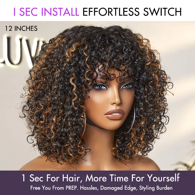 Beginner Friendly Water Wave Minimalist Lace Glueless Short Curly Wig with Bangs