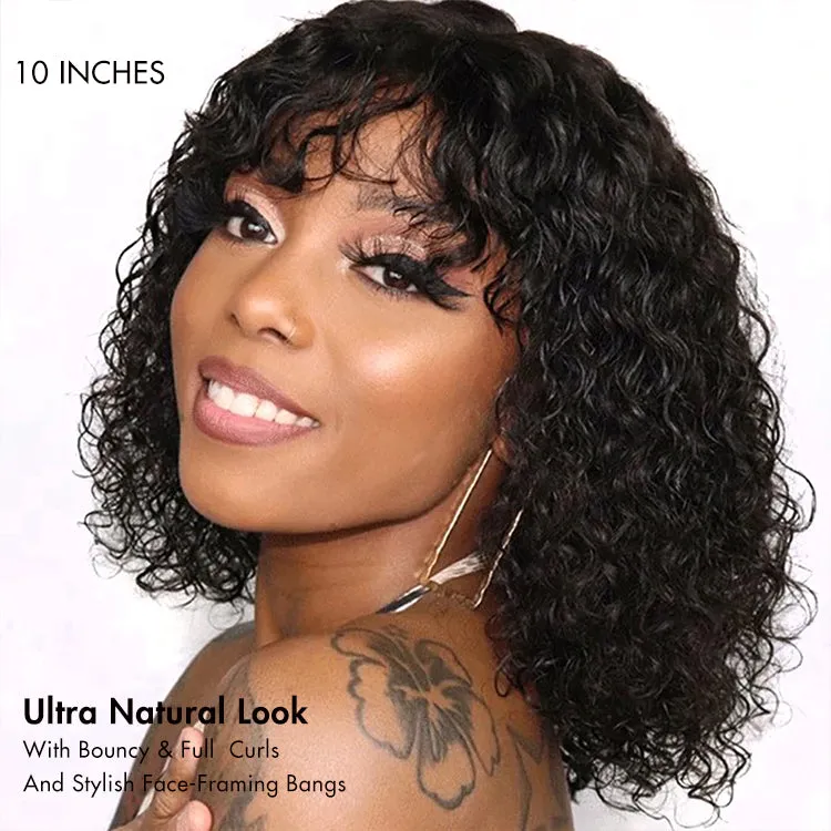 Beginner Friendly Water Wave Minimalist Lace Glueless Short Curly Wig with Bangs