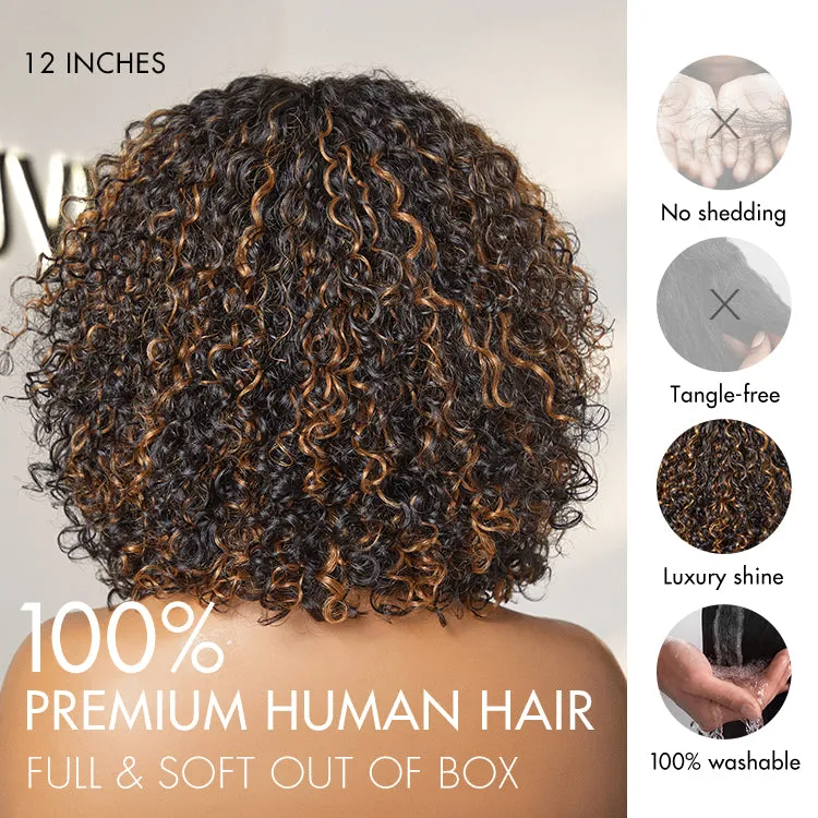 Beginner Friendly Water Wave Minimalist Lace Glueless Short Curly Wig with Bangs