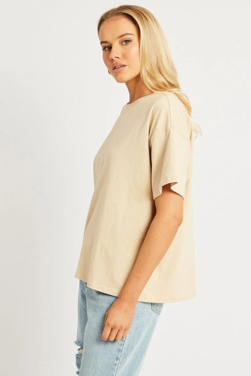 Beige Oversized T Shirt Short Sleeve Crew Neck