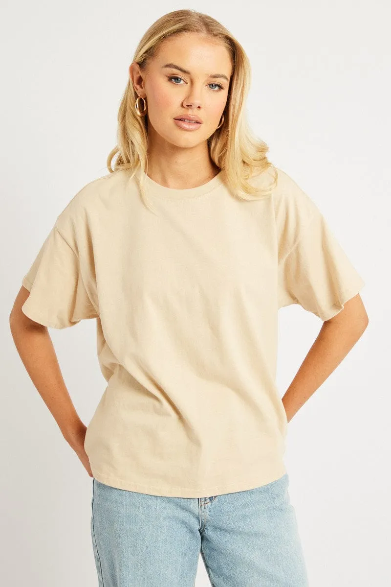 Beige Oversized T Shirt Short Sleeve Crew Neck