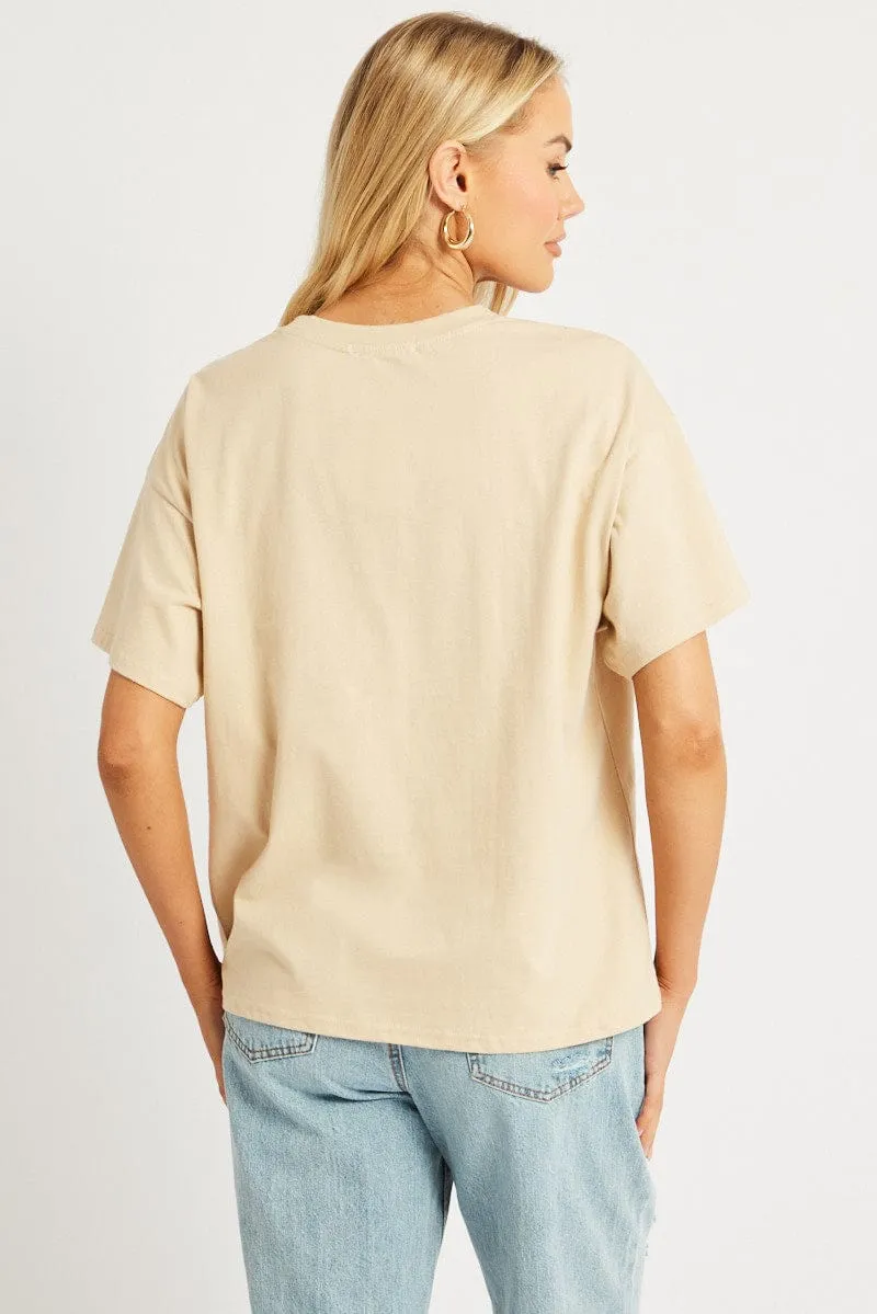 Beige Oversized T Shirt Short Sleeve Crew Neck