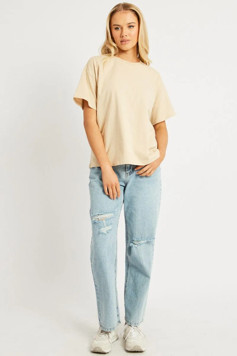 Beige Oversized T Shirt Short Sleeve Crew Neck