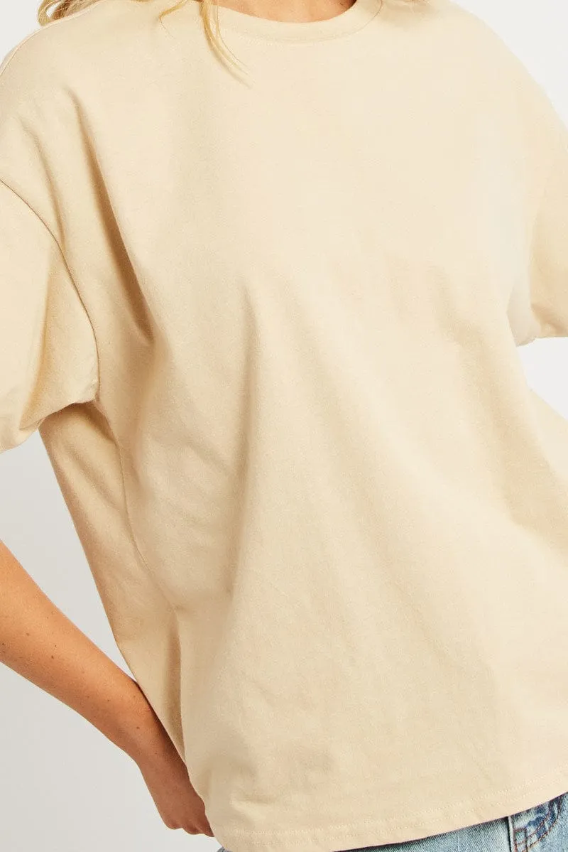Beige Oversized T Shirt Short Sleeve Crew Neck