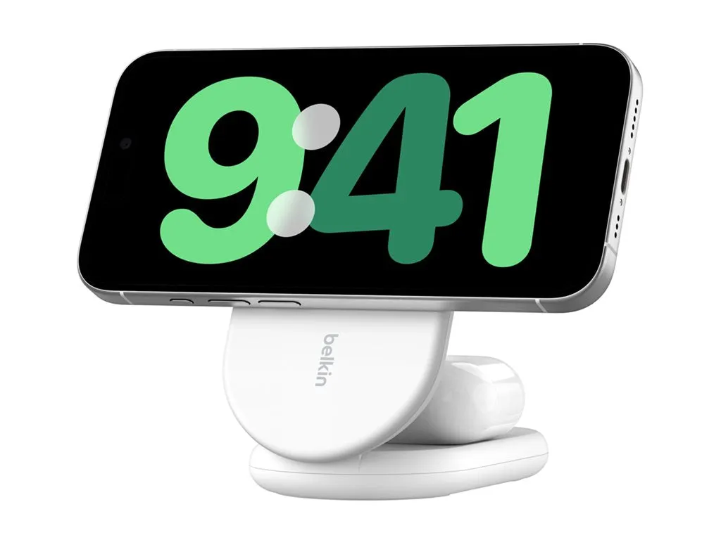 Belkin - Wireless charging stand - magnetic, foldable, with Qi2   AC power adapter - 15 Watt - Fast Charge - white WIZ028TTWH