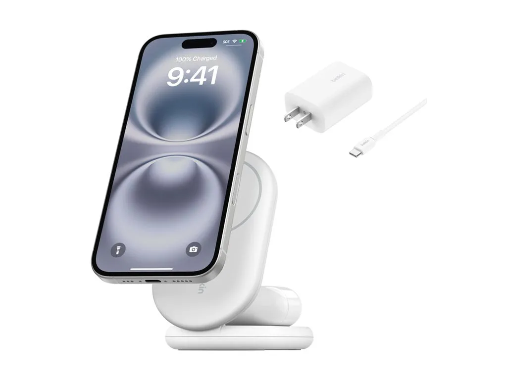 Belkin - Wireless charging stand - magnetic, foldable, with Qi2   AC power adapter - 15 Watt - Fast Charge - white WIZ028TTWH