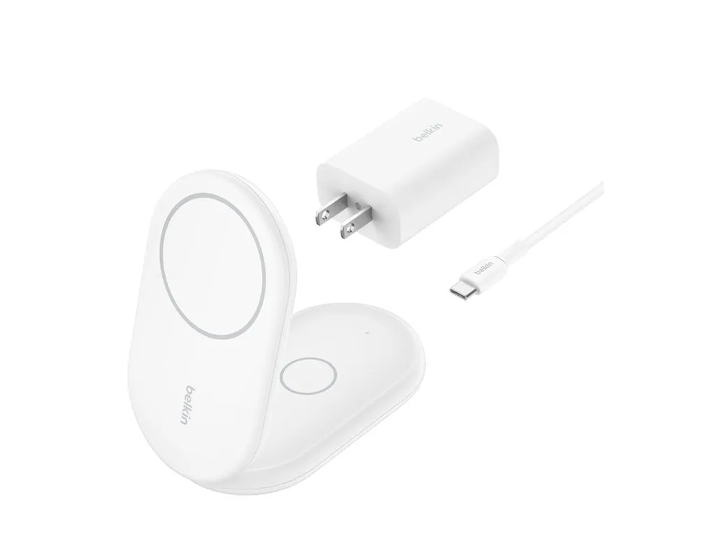 Belkin - Wireless charging stand - magnetic, foldable, with Qi2   AC power adapter - 15 Watt - Fast Charge - white WIZ028TTWH