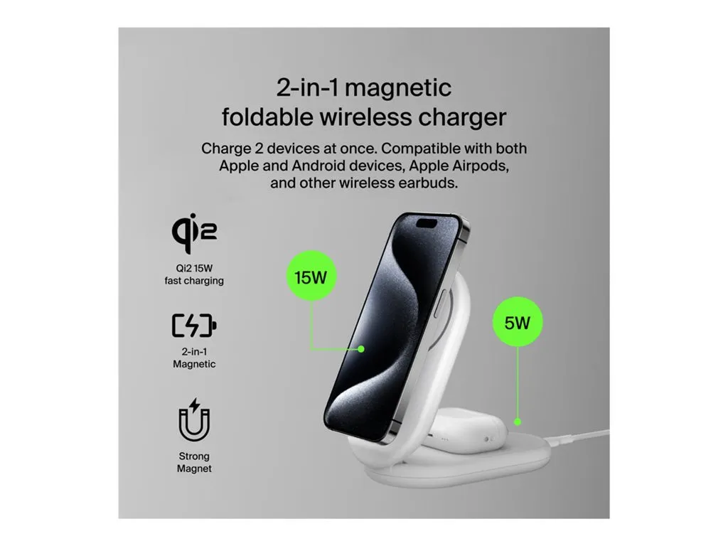 Belkin - Wireless charging stand - magnetic, foldable, with Qi2   AC power adapter - 15 Watt - Fast Charge - white WIZ028TTWH