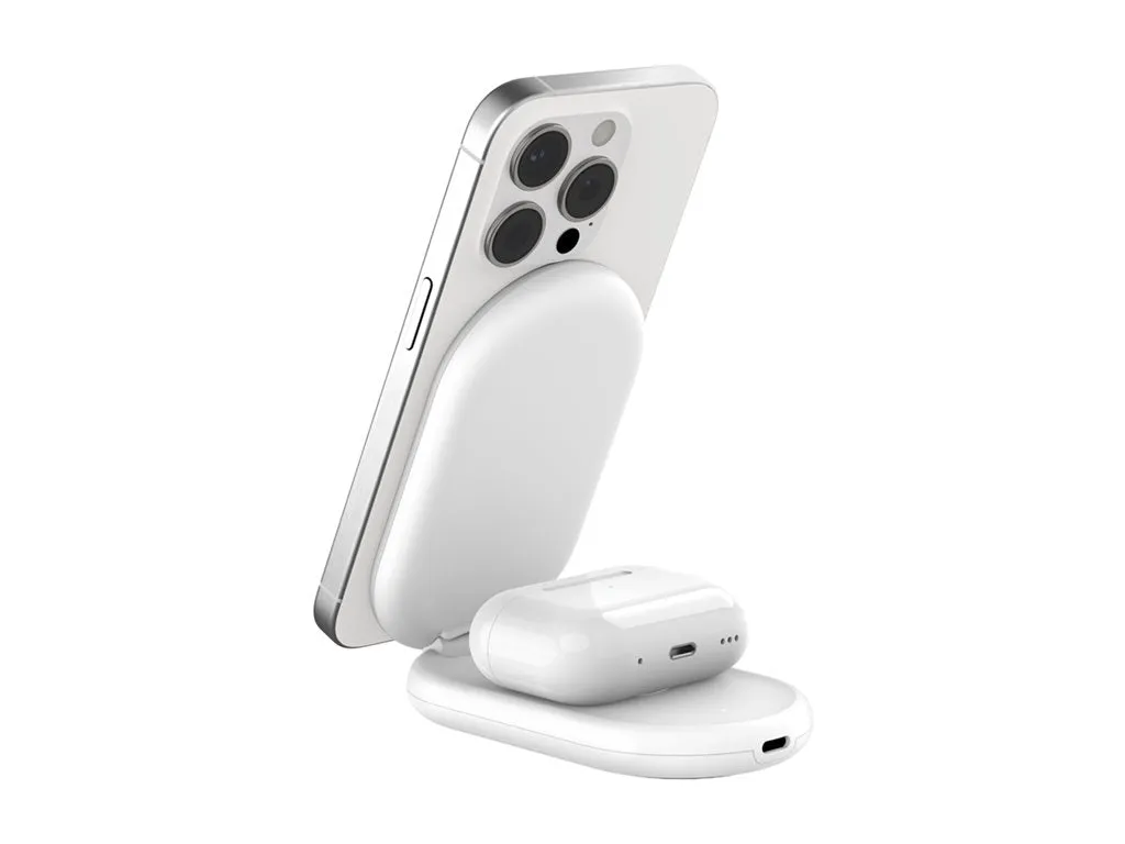 Belkin - Wireless charging stand - magnetic, foldable, with Qi2   AC power adapter - 15 Watt - Fast Charge - white WIZ028TTWH