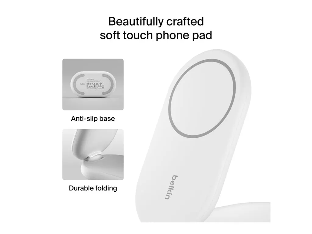 Belkin - Wireless charging stand - magnetic, foldable, with Qi2   AC power adapter - 15 Watt - Fast Charge - white WIZ028TTWH