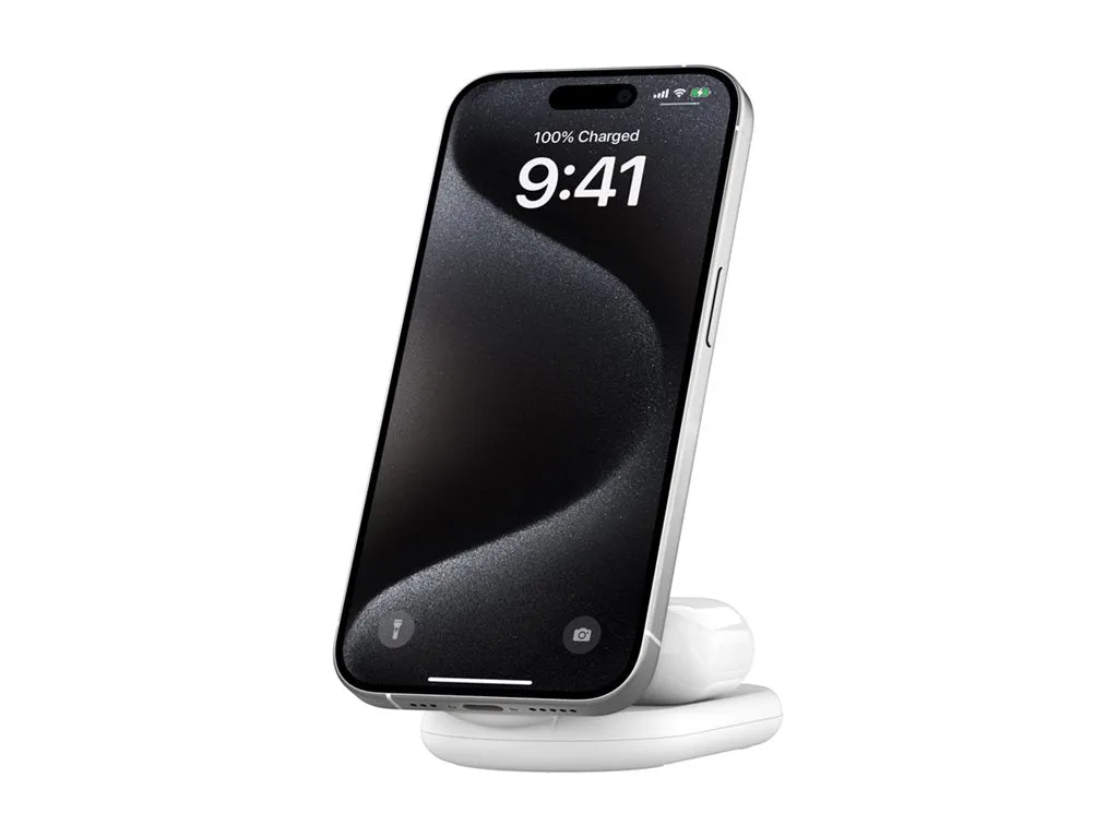 Belkin - Wireless charging stand - magnetic, foldable, with Qi2   AC power adapter - 15 Watt - Fast Charge - white WIZ028TTWH