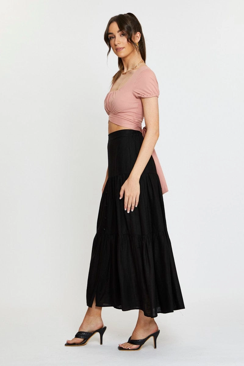Black Maxi Skirt High Rise Linen Blend
