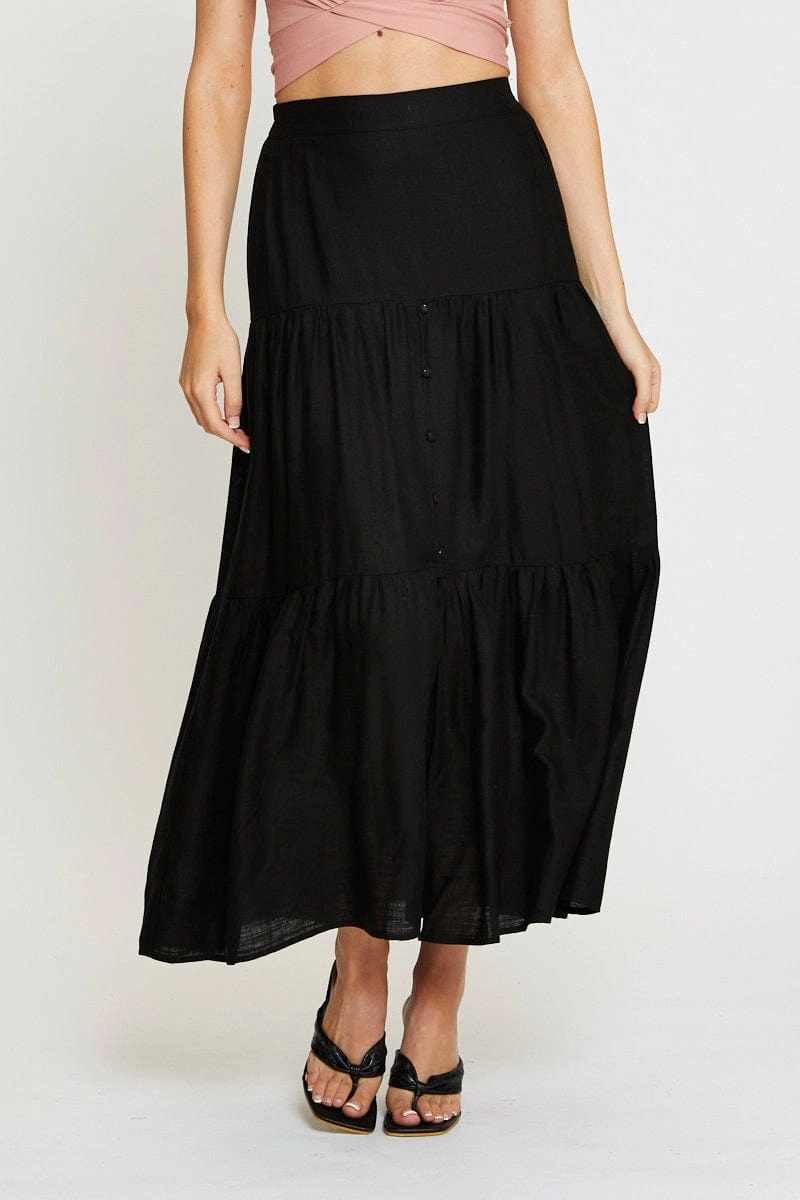Black Maxi Skirt High Rise Linen Blend