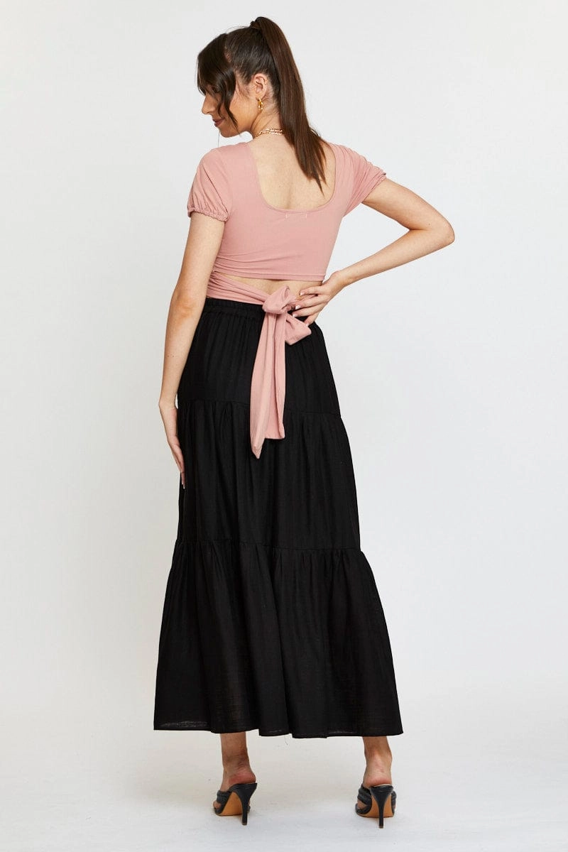 Black Maxi Skirt High Rise Linen Blend