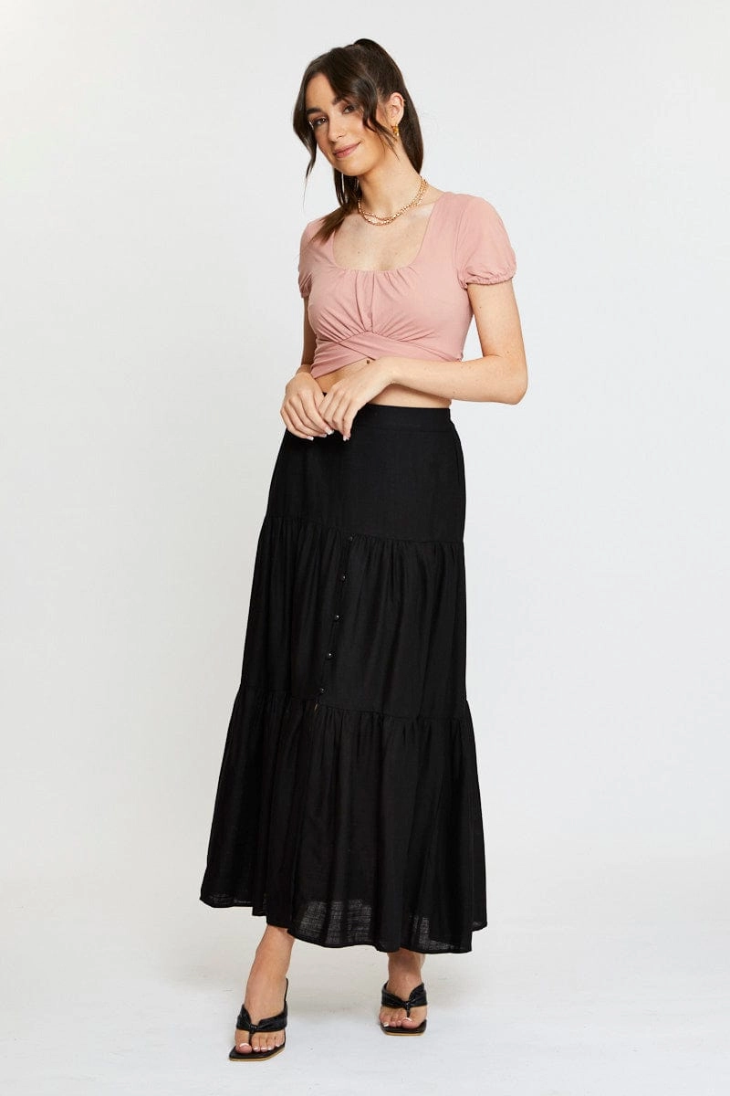 Black Maxi Skirt High Rise Linen Blend