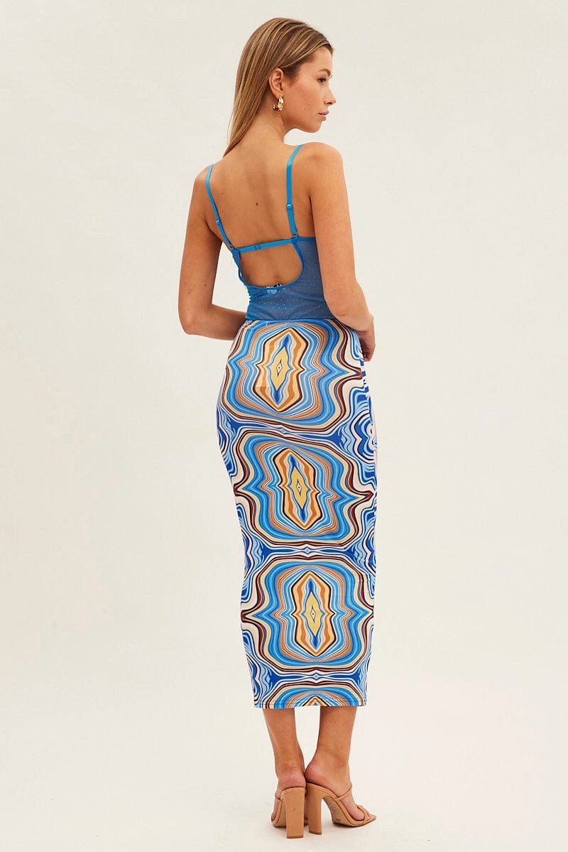 Blue Abstract Abstract Midi Skirt
