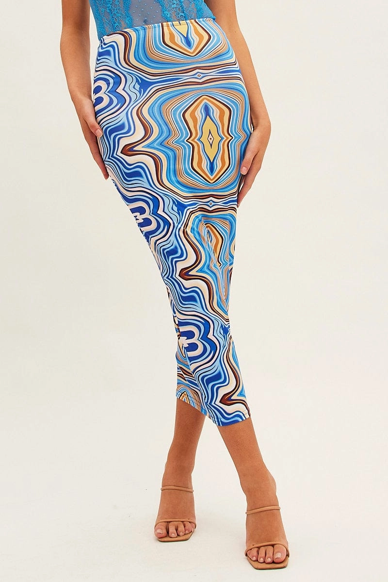 Blue Abstract Abstract Midi Skirt