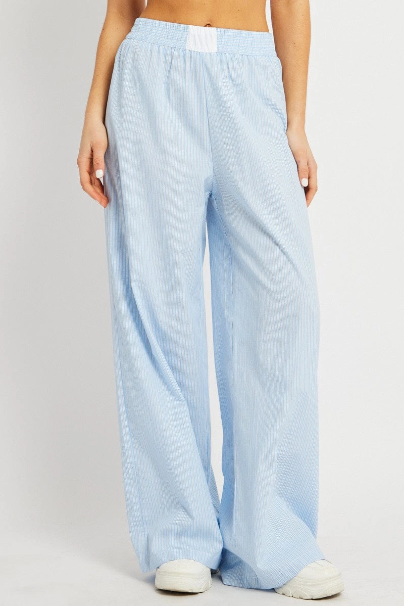 Blue Stripe Wide Leg Pants High Rise