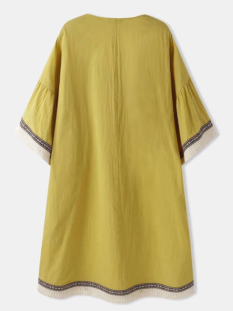 Bohemia Tassel Design Square Collar Pocket Women Midi Dress