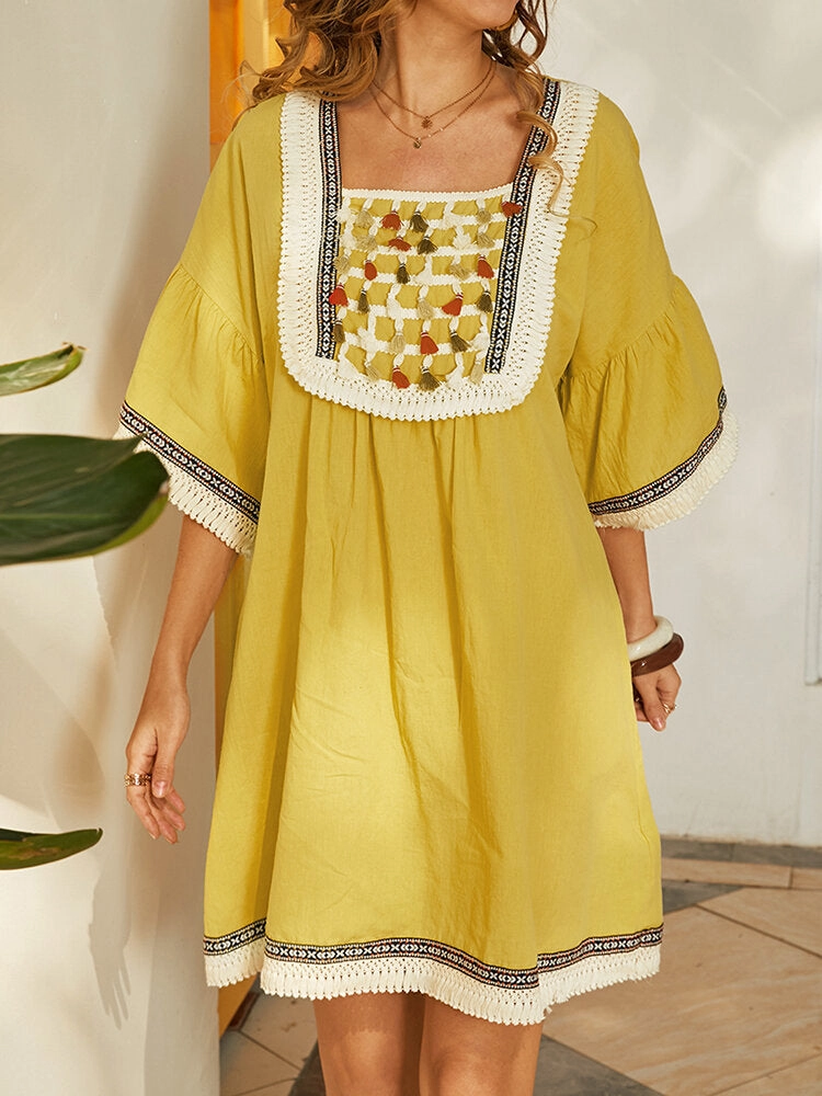 Bohemia Tassel Design Square Collar Pocket Women Midi Dress