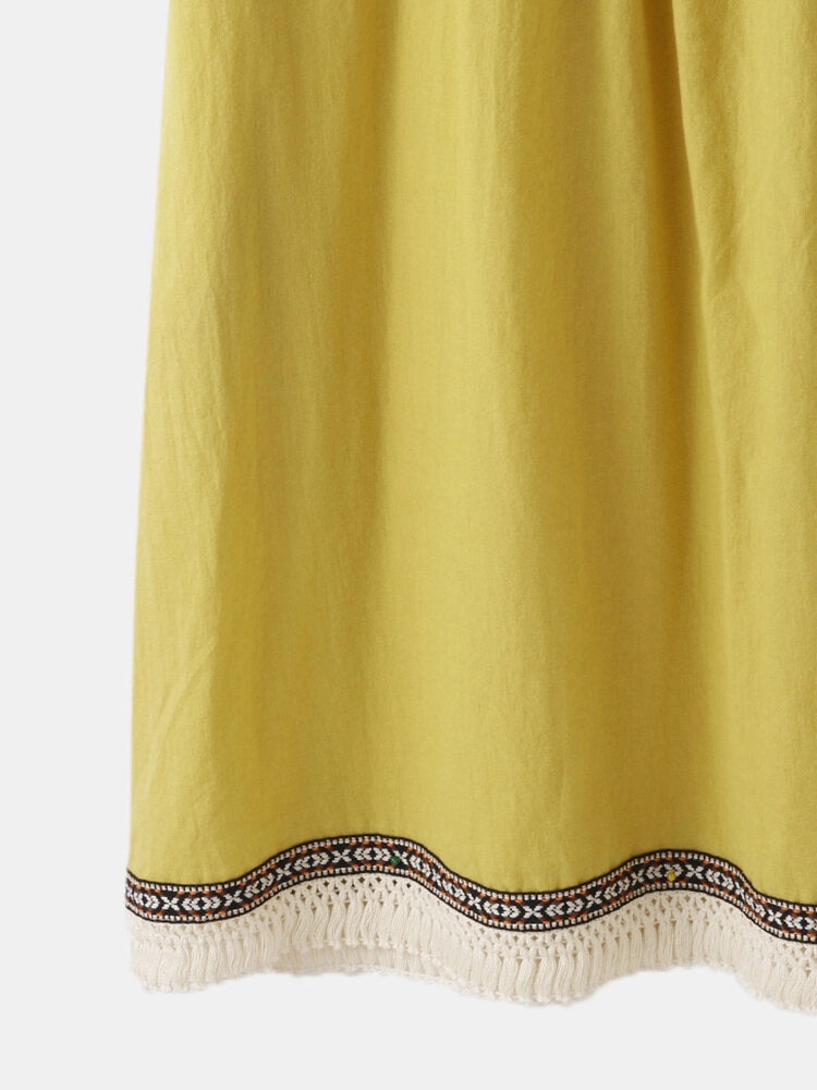 Bohemia Tassel Design Square Collar Pocket Women Midi Dress