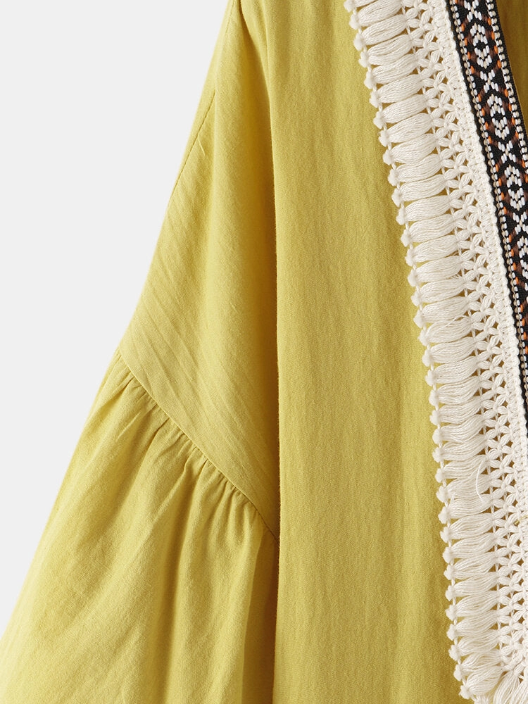 Bohemia Tassel Design Square Collar Pocket Women Midi Dress