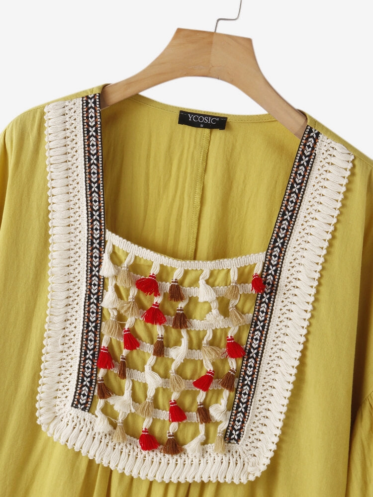 Bohemia Tassel Design Square Collar Pocket Women Midi Dress