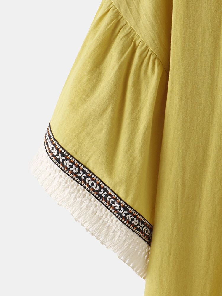 Bohemia Tassel Design Square Collar Pocket Women Midi Dress