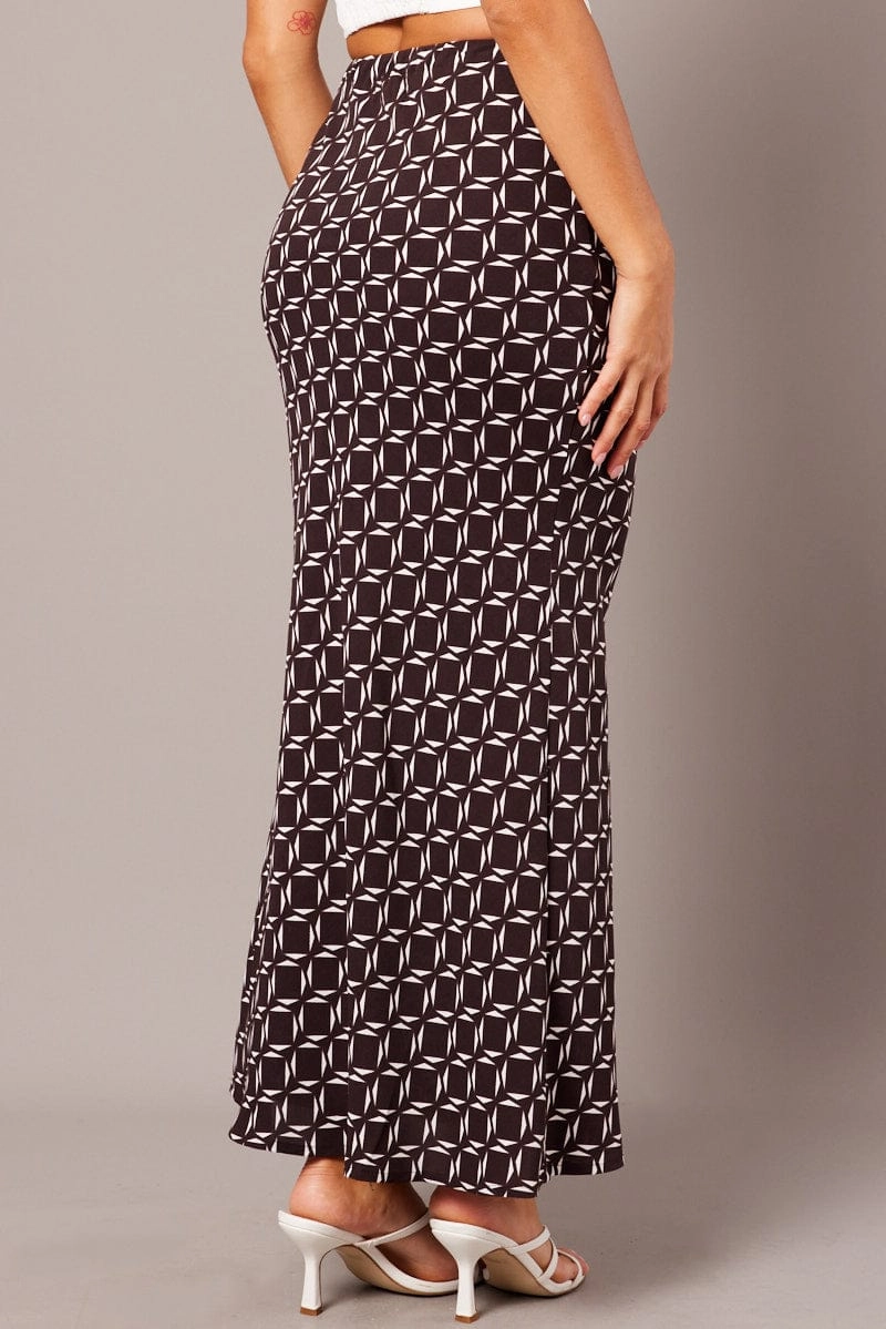Brown Geo Slip Skirt Maxi Drawstring Waist