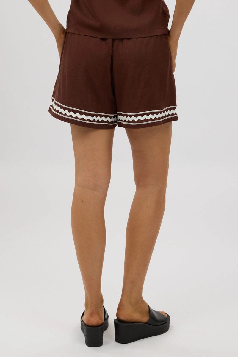 Brown Shorts Elasticated Waist Embroidery