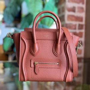 CELINE Luggage Nano Deep Salmon Drummed Calfskin Tote Bag Lychee