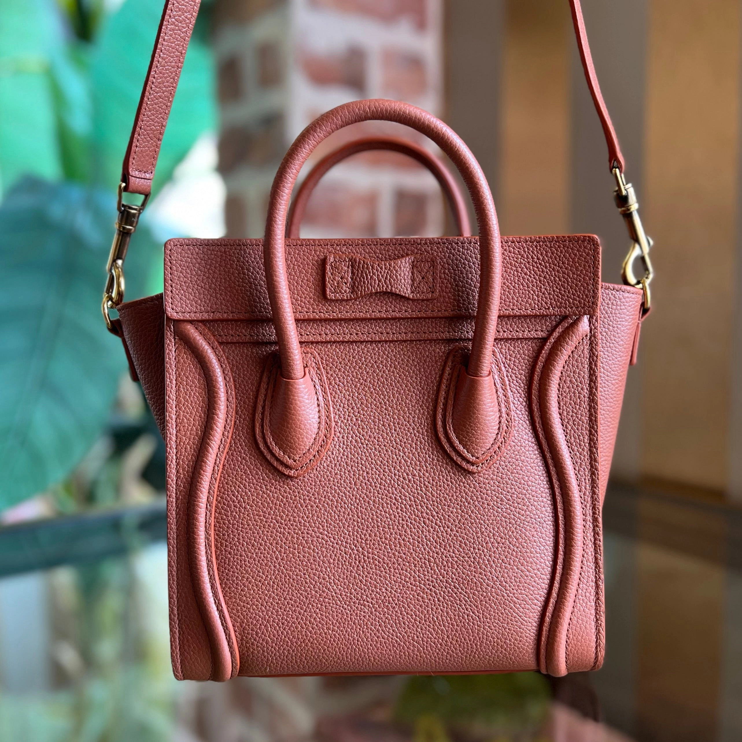 CELINE Luggage Nano Deep Salmon Drummed Calfskin Tote Bag Lychee