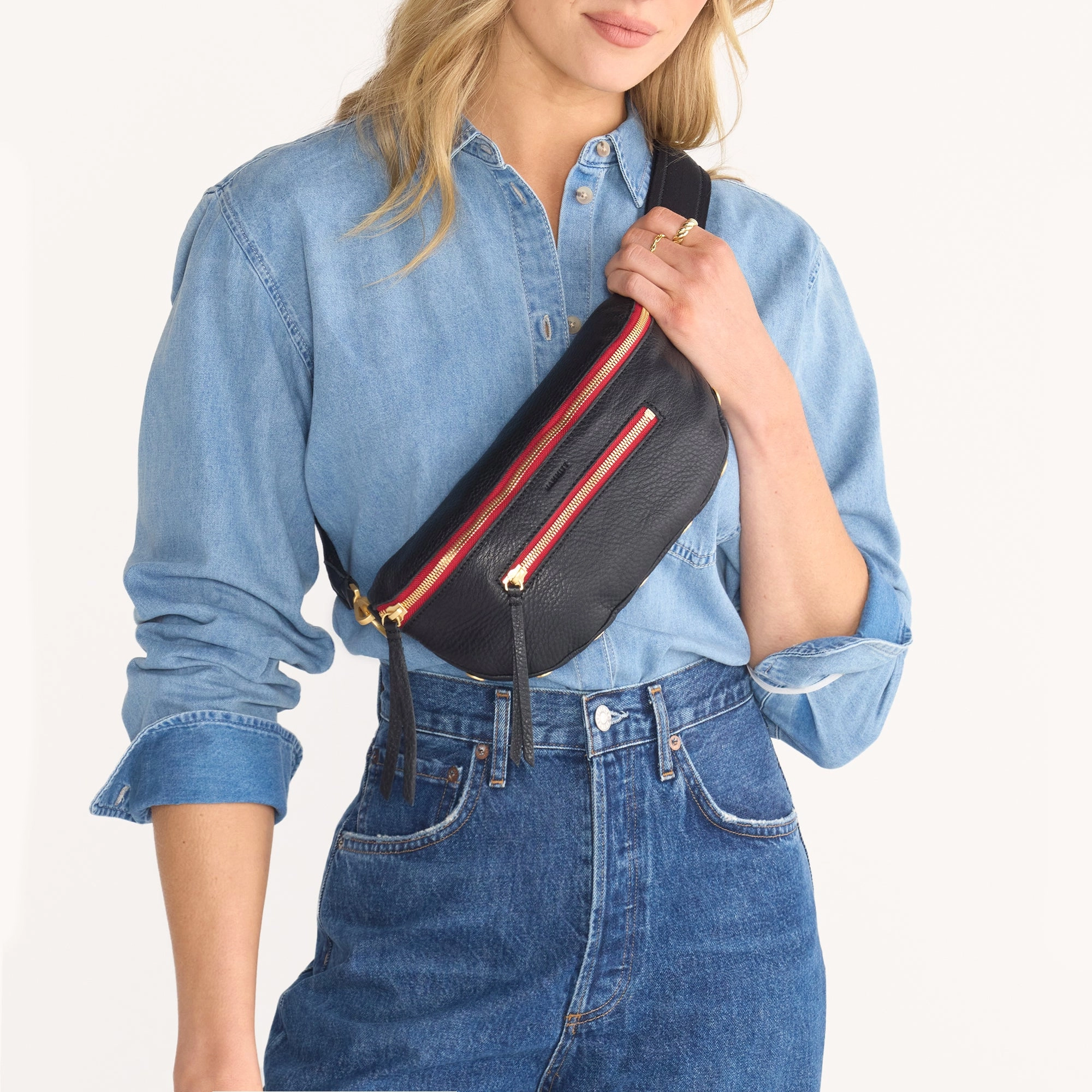 Charles Crossbody | Black/Brushed Gold Red Zip | Med