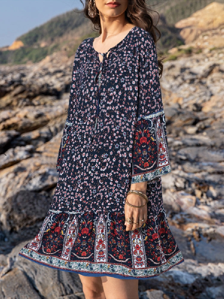 Ethnic Floral Print O-neck 3/4 Sleeve Ruffles Hem Bohemian Holiday Mini Dress