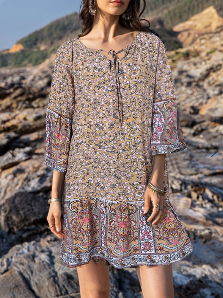 Ethnic Floral Print O-neck 3/4 Sleeve Ruffles Hem Bohemian Holiday Mini Dress
