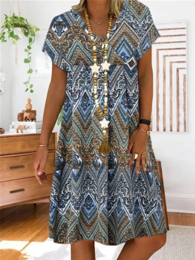 Floral Print V-neck Folk Style Short Sleeve Women Mini Dress