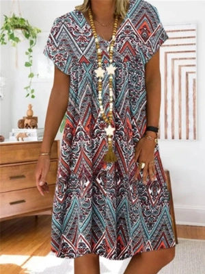Floral Print V-neck Folk Style Short Sleeve Women Mini Dress