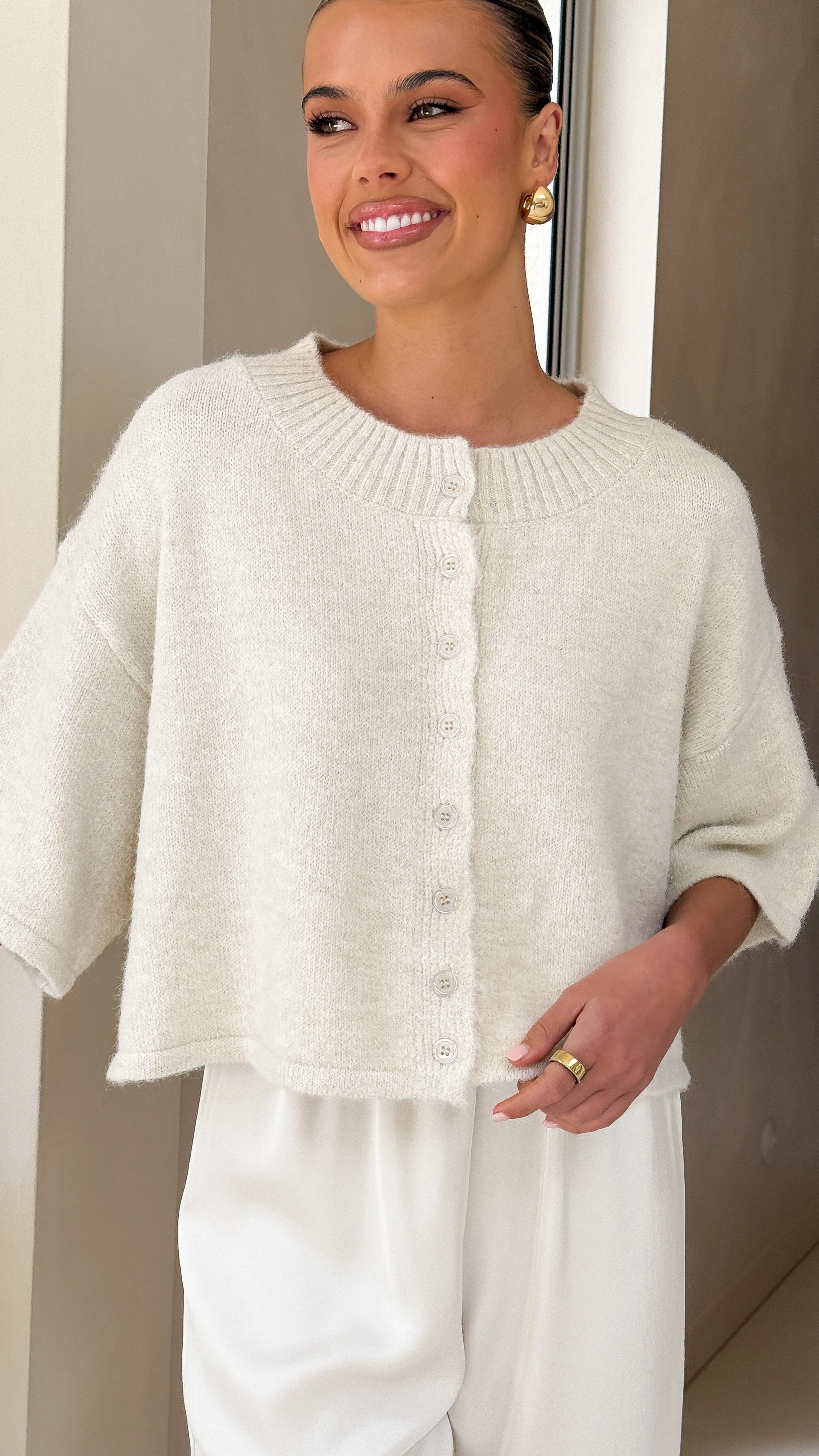 Gazelle Button Up Knit T-Shirt - Oatmeal