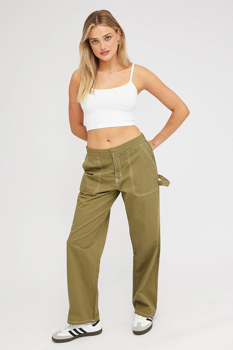 Green Cargo Pants Mid Rise Contrast Stitch