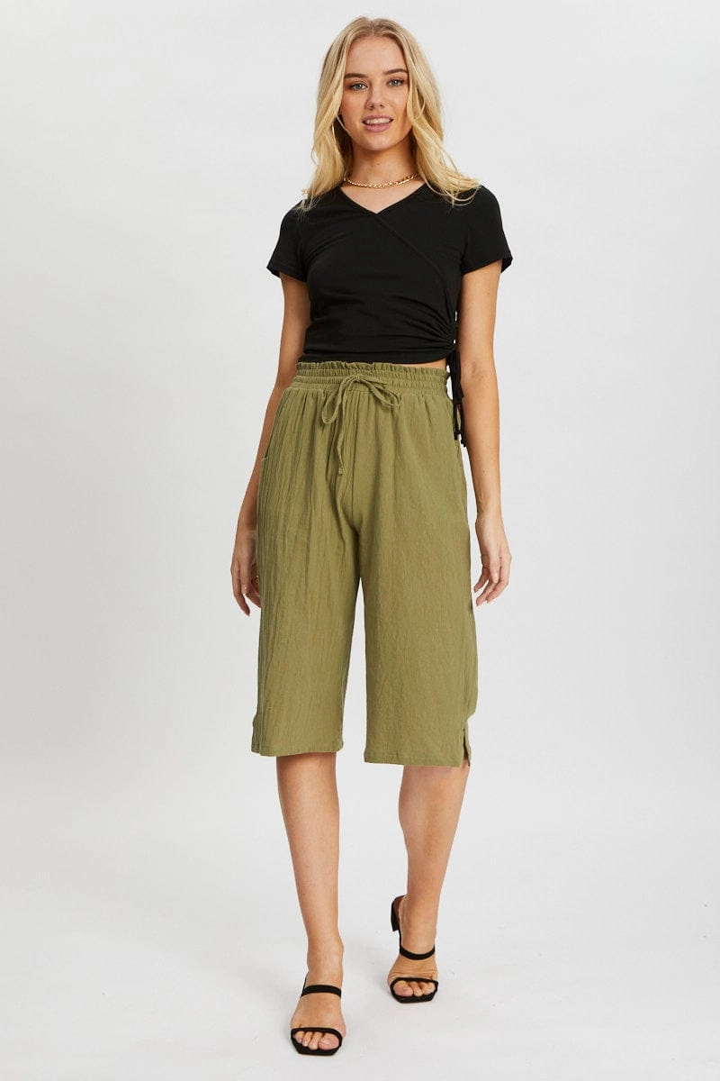 Green Elastic Waist Tie Front Culotte