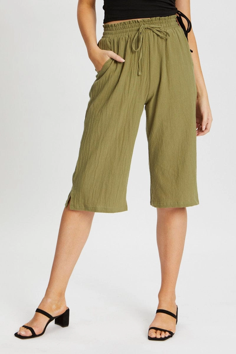 Green Elastic Waist Tie Front Culotte