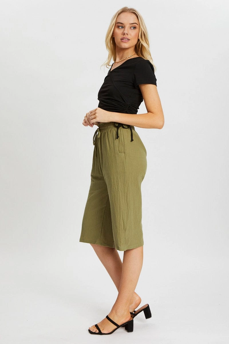 Green Elastic Waist Tie Front Culotte