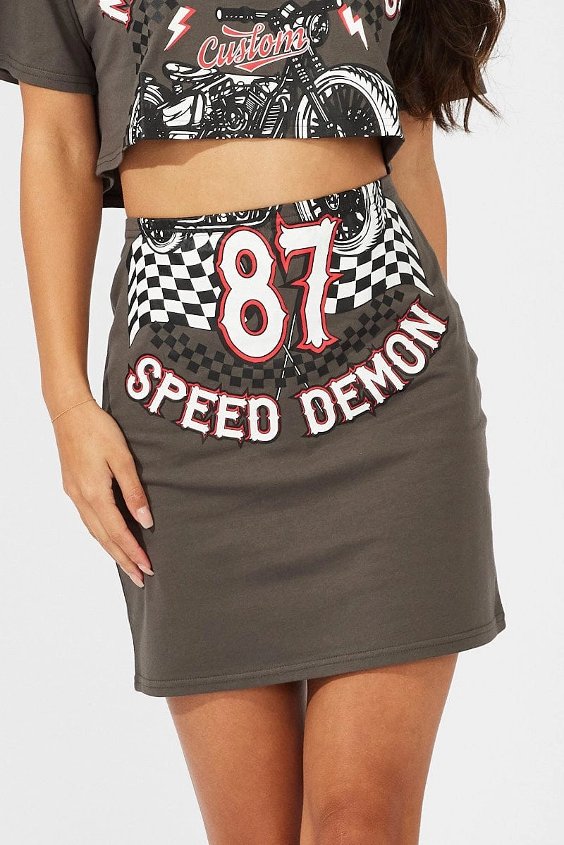 Grey Graphic Skirt Motor Bike Mini Tube Skirt